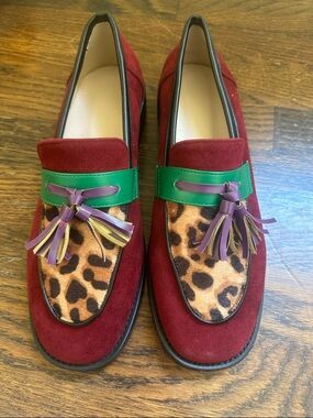 Leopard Panel Tassel Loafers in Burgundy and Green